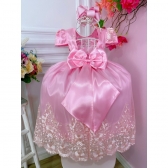 Vestido Infantil Rosa C/ Renda Realeza e Cinto de Pérolas