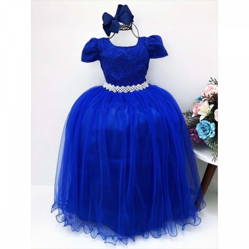 Vestido Infantil Realeza Azul Royal Renda Pérolas Festa Luxo