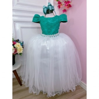 Vestido Infantil Verde C/ Renda Saia Branca Damas Longo