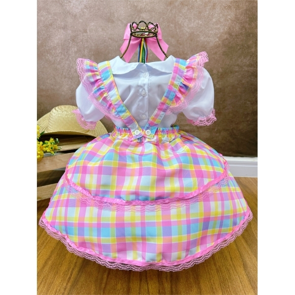 Conjunto Infantil Junino Camisa e Salopete Xadrez Rosa Estampado