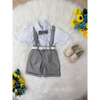 Conjunto Social Short Susp. Gravata Cinza e Camisa Branca