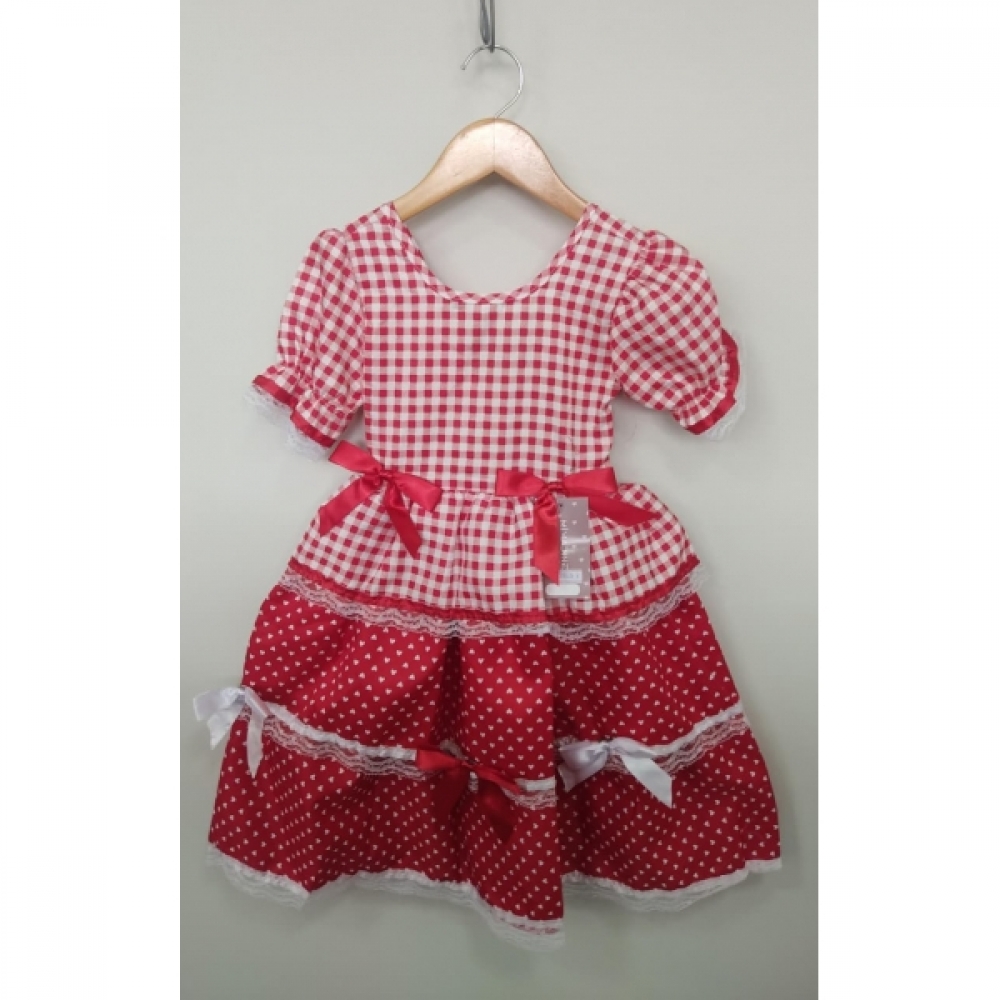 Vestido Infantil Junino Caipira Arraiá Vermelho Xadrez Laços