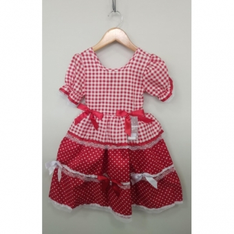 Vestido Infantil Junino Caipira Arraiá Vermelho Xadrez Laços