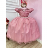 Vestido Infantil Damas Honra Casamento Rose C/ Renda Pérola
