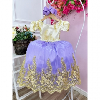 Vestido Infantil Marfim Com Lilás e Renda Realeza