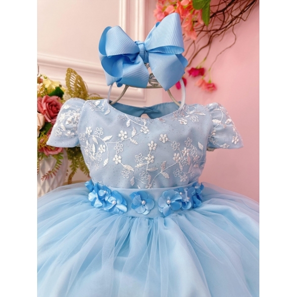Vestido Infantil Azul Com Renda e Aplique de Flores Festas - Azul