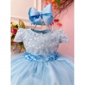 Vestido Infantil Azul Com Renda e Aplique de Flores Festas - Azul
