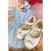 Vestido Infantil Azul C/ Aplique Flores Borboletas e Renda