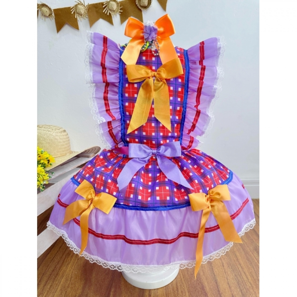 Fantasia Infantil Junino Lilás Xadrez Colorido Festas