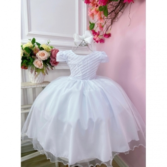 Vestido Infantil Branco C/ Busto Plissado para o Montar o Kit