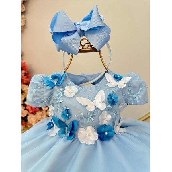 Vestido Infantil Bebê Azul C/ Renda Jardim Encantado Festa