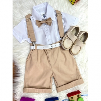 Conjunto Social Camisa Branca e Short Susp. Gravata Caqui