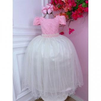 Vestido Infantil Rosa C/ Renda e Saia Off White Damas Longo