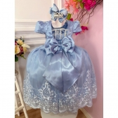 Vestido Infantil Azul C/ a Renda Realeza e Cinto de Pérolas