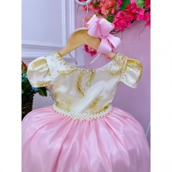 Vestido Infantil Marfim C/ Rosa Cinto Pérolas Renda Realeza