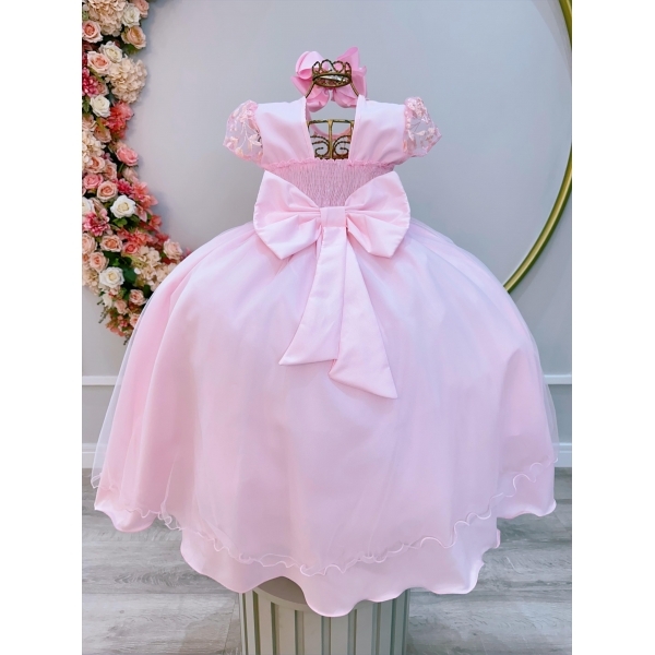 Vestido Infantil Rosa Claro Busto C/ Renda Luxo Damas Longo
