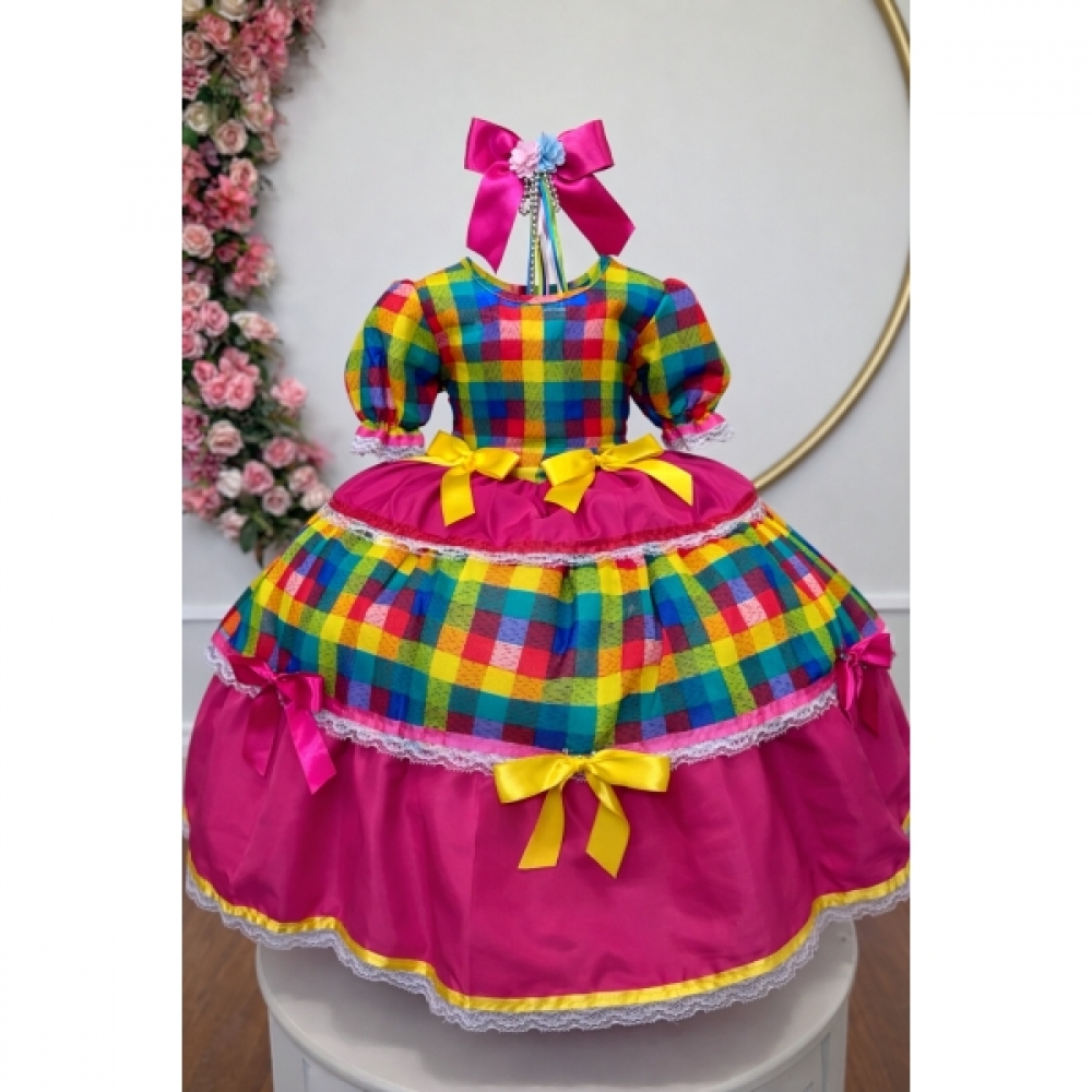 Vestido Infantil Junino Caipira Arraiá Xadrez Laços - colorido