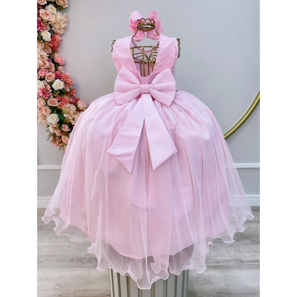 Vestido Infantil Longo Rosa Claro C/ Renda e Pérolas Damas