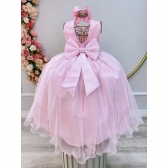 Vestido Infantil Longo Rosa Claro C/ Renda e Pérolas Damas