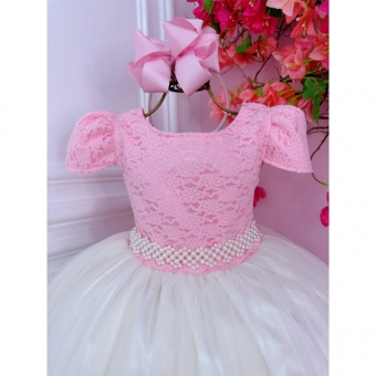Vestido Infantil Rosa C/ Renda e Saia Off White Damas Longo