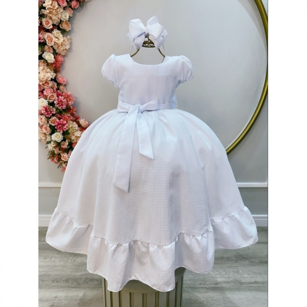 Vestido Infantil Branco Maquinetado Luxo Damas Longo
