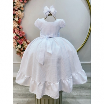 Vestido Infantil Branco Maquinetado Luxo Damas Longo