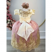 Vestido Infantil Marfim C/ Rose Pérolas Renda Realeza