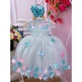 Vestido Infantil Verde Busto Plissado Com Flores Borboleta