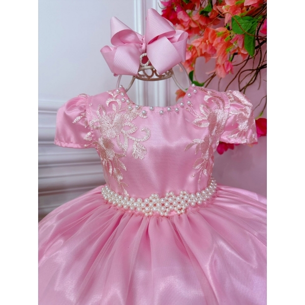 Vestido Infantil Rosa C/ Renda Realeza e Cinto de Pérolas