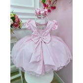 Vestido Infantil Rosa Claro Com Apliques de Flores Daminha