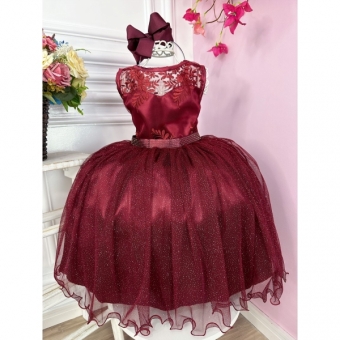 Vestido Infantil Marsala Renda e Tule C/ Brilho Damas Honra
