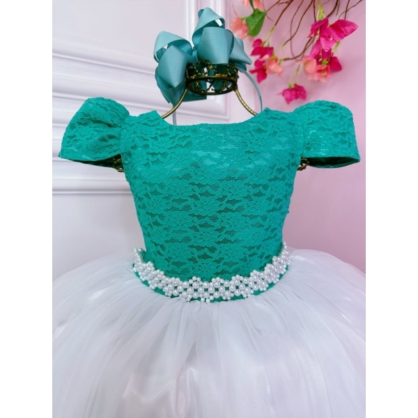 Vestido Infantil Verde C/ Renda Saia Branca Damas Longo