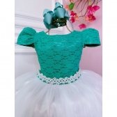 Vestido Infantil Verde C/ Renda Saia Branca Damas Longo