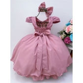Vestido Infantil Rose Renda Damas Cinto Pérolas e Laço - Rose