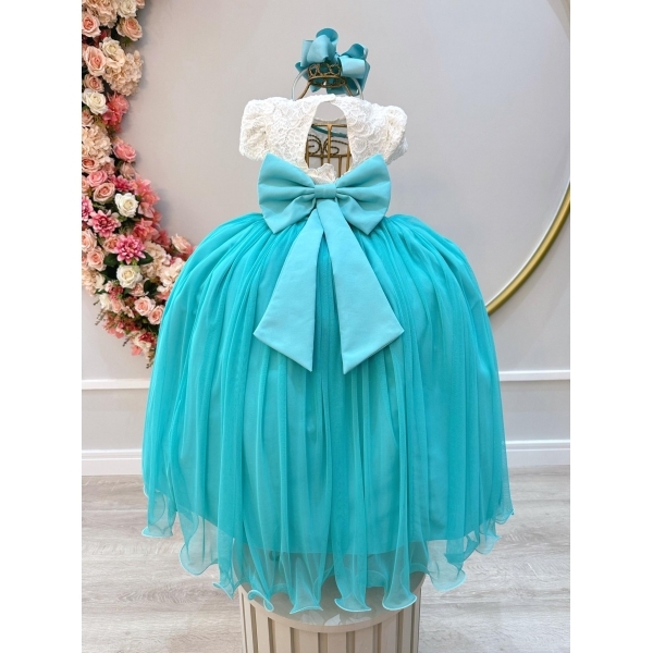 Vestido Infantil Off White Saia Verde Renda e Broche
