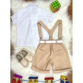 Conjunto Social Camisa Branca e Short Susp. Gravata Caqui