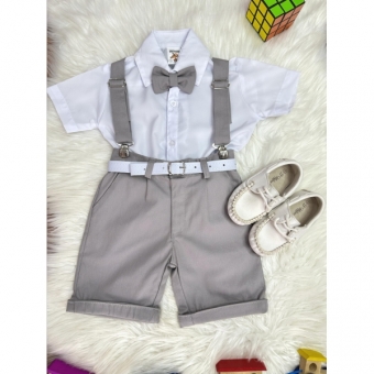 Conjunto Social Camisa Branca e Short Susp. Gravata Cinza