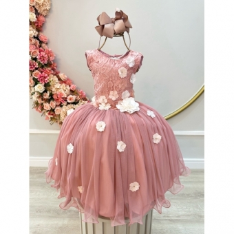 Vestido Infantil Rose C/ Renda e Aplique de Flores Damas
