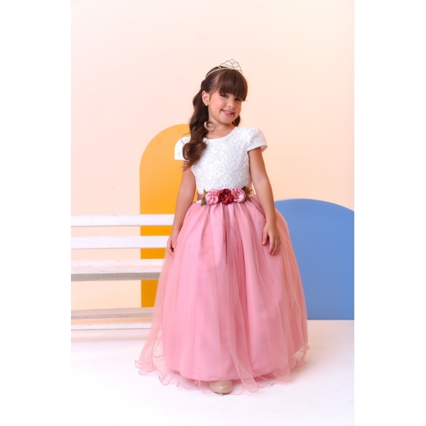 Vestido Infantil Off White Saia Rose C/ Renda e Broche Flor