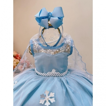 Vestido Infantil Azul Frozen Elsa Gelo C/ Capa de Luxo