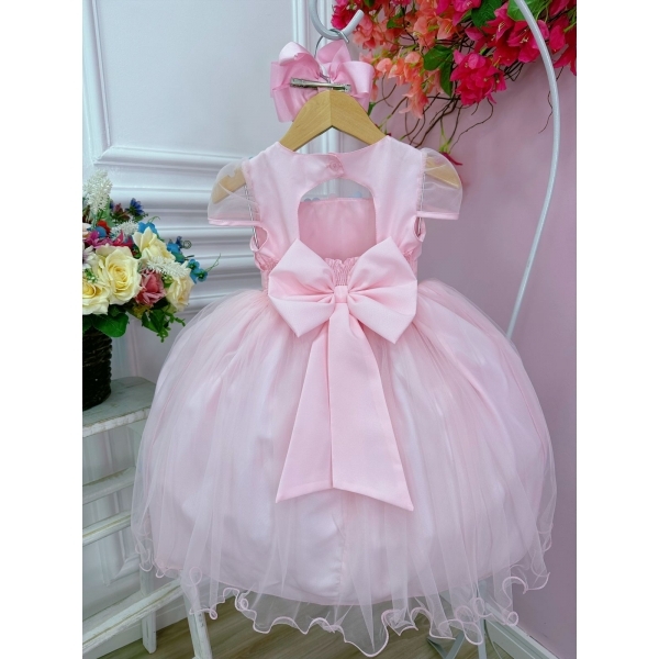 Vestido Infantil Rosa Plissado Aplique Flores Borboleta