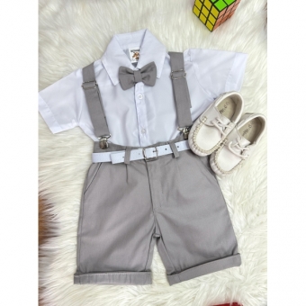 Conjunto Social Camisa Branca e Short Susp. Gravata Cinza