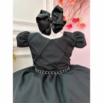 Vestido Infantil Preto C/ Cinto de Pérolas Casamentos