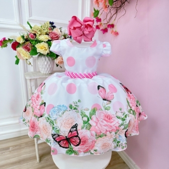 Vestido Infantil Branco Jardim Borboletas e Cinto Pérolas