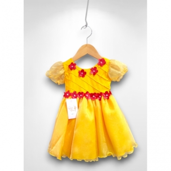 Vestido Infantil  Princesa Bela e a Fera Amarelo C/ Flores