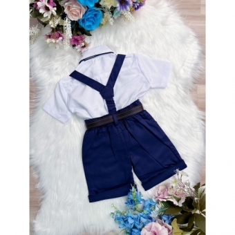 Conjunto Social Short Susp. Gravata Azul Marinho Camisa