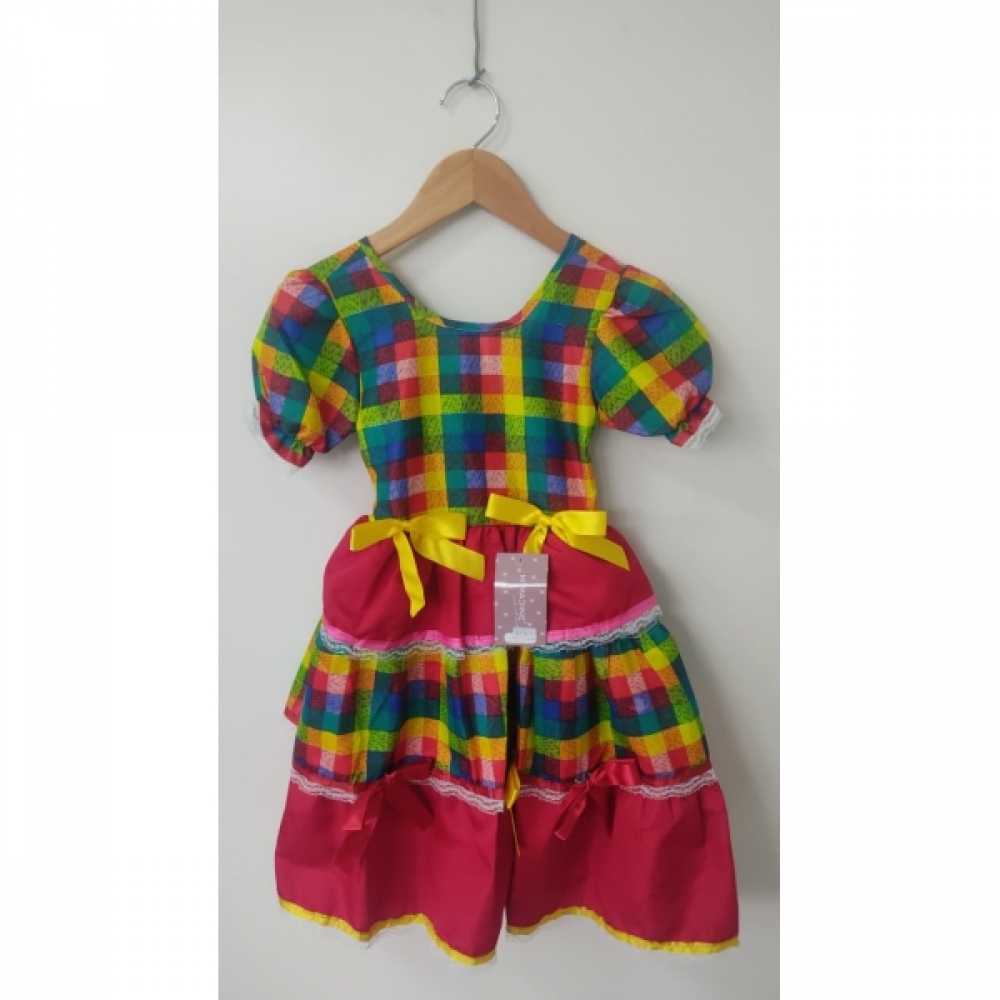 Vestido Infantil Junino Caipira Vermelho Xadrez Colorido Laços