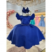 Vestido Infantil Azul Royal Busto Nervura Com Pérolas Festas - Azul Royal