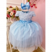 Vestido Infantil Azul Com Renda e Aplique de Flores Festas - Azul
