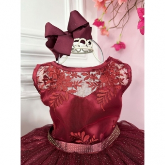 Vestido Infantil Marsala Renda e Tule C/ Brilho Damas Honra